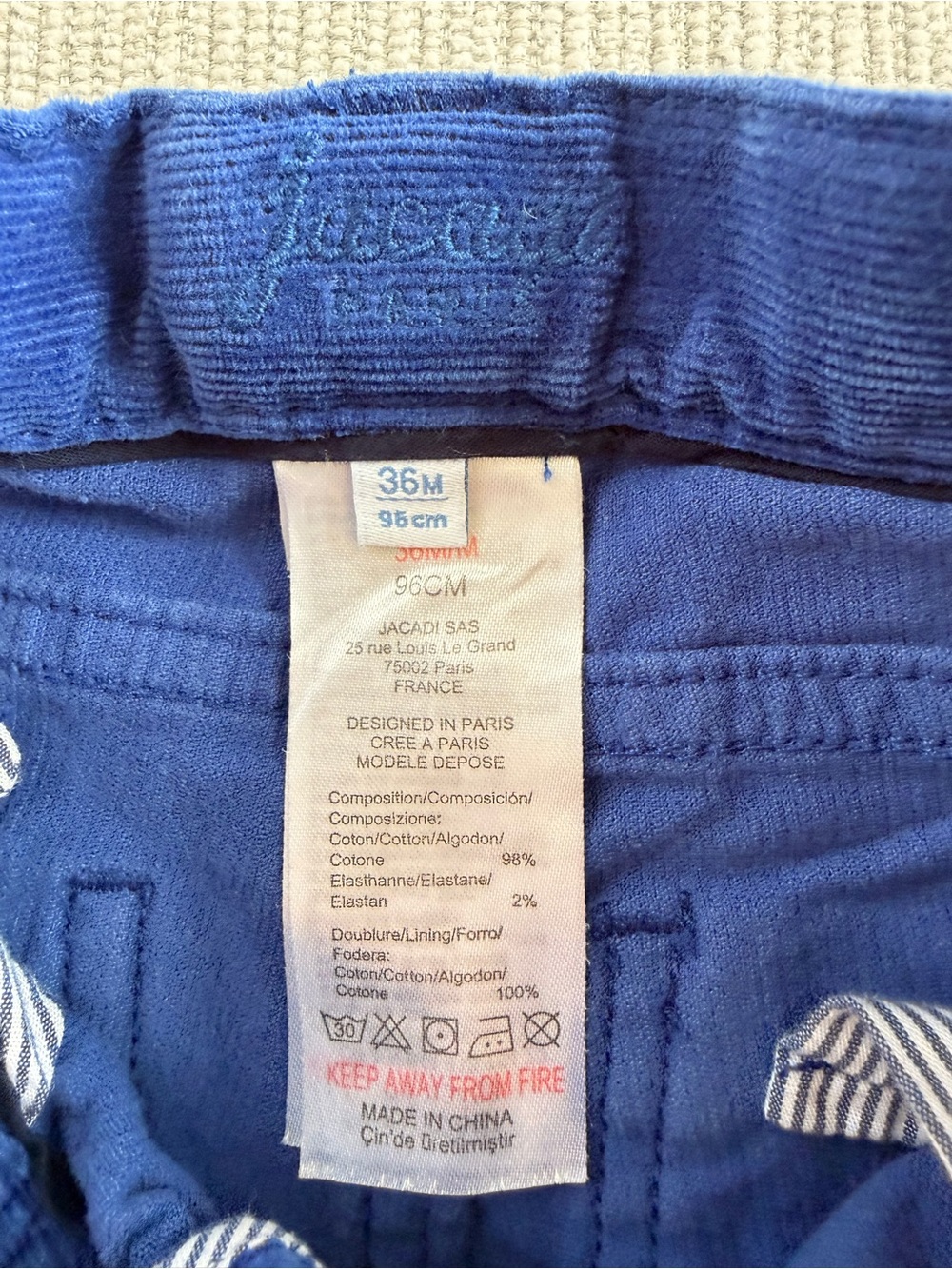 Jacadi Bright Blue Corduroy Pants 3T - Picture 4 of 5